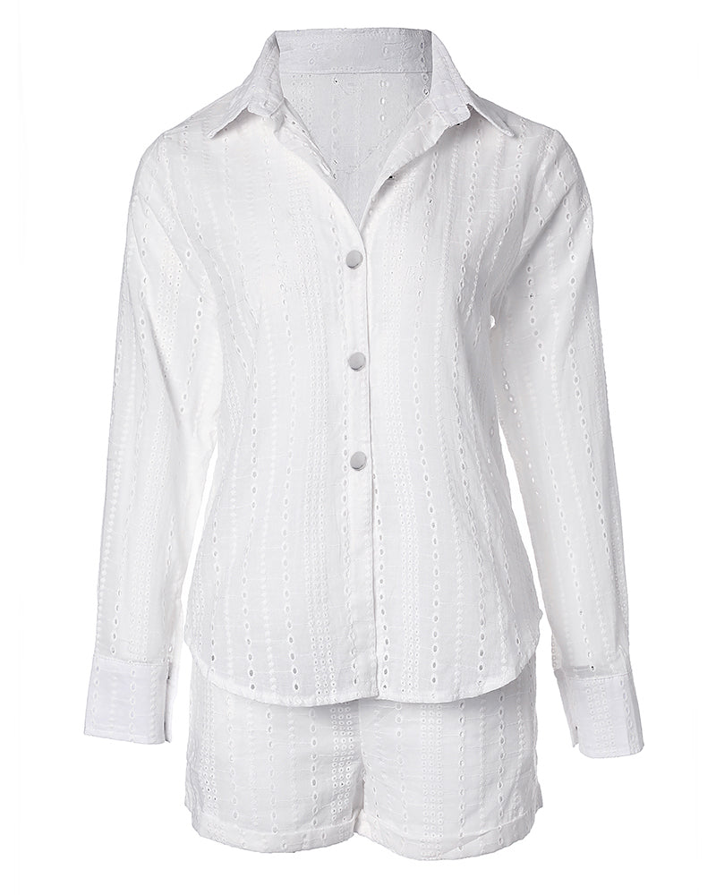 Eyelet Embroidered Top with Coordinating Elastic Shorts Set