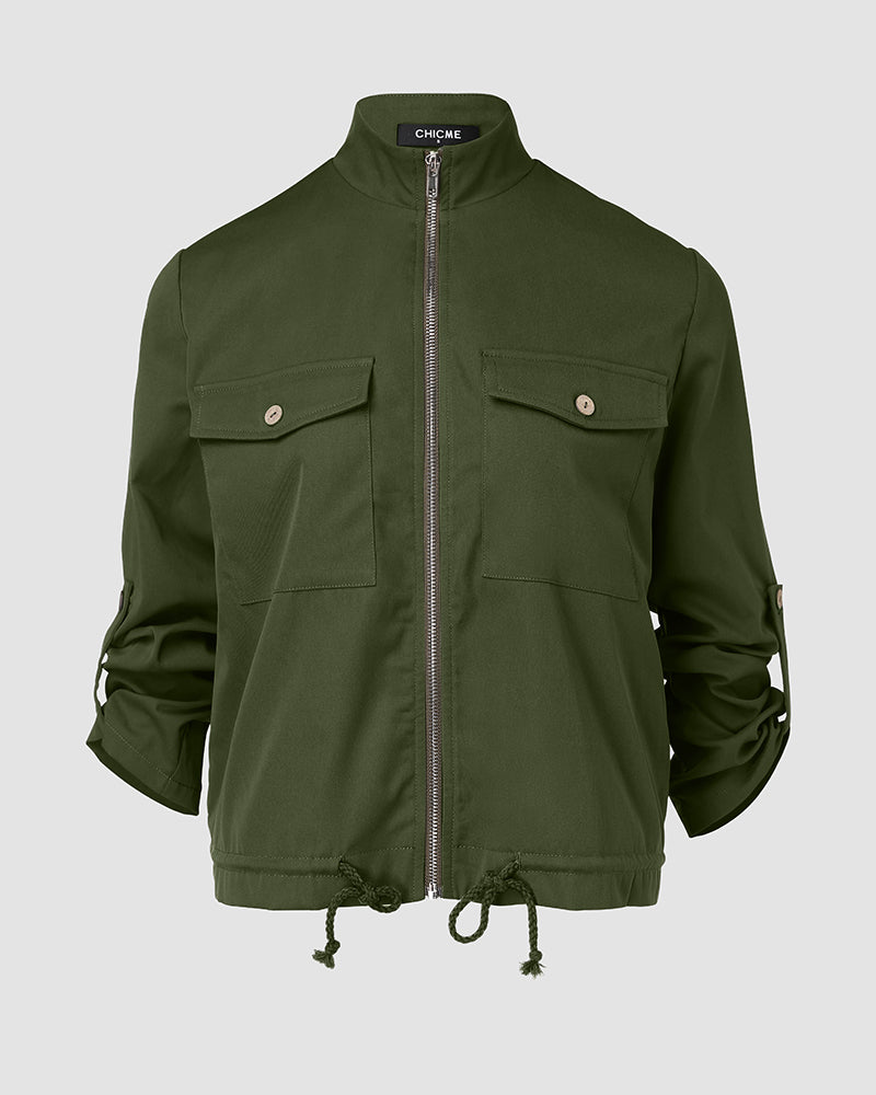 Zip-front jacket with stand collar, chest pockets, drawstring hem, and roll-tab buttoned sleeves.