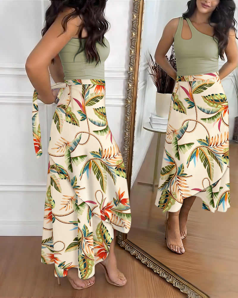 Asymmetrical Lace-Up Wrap Skirt in Tropical Print