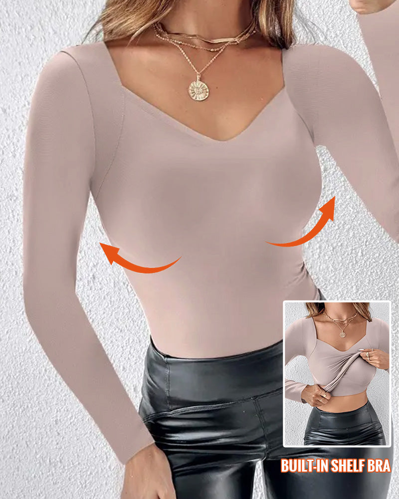 ContourX V-Neck Seamless Shapewear Tank: High-Stretch Slim-Fit Long Sleeve Tops