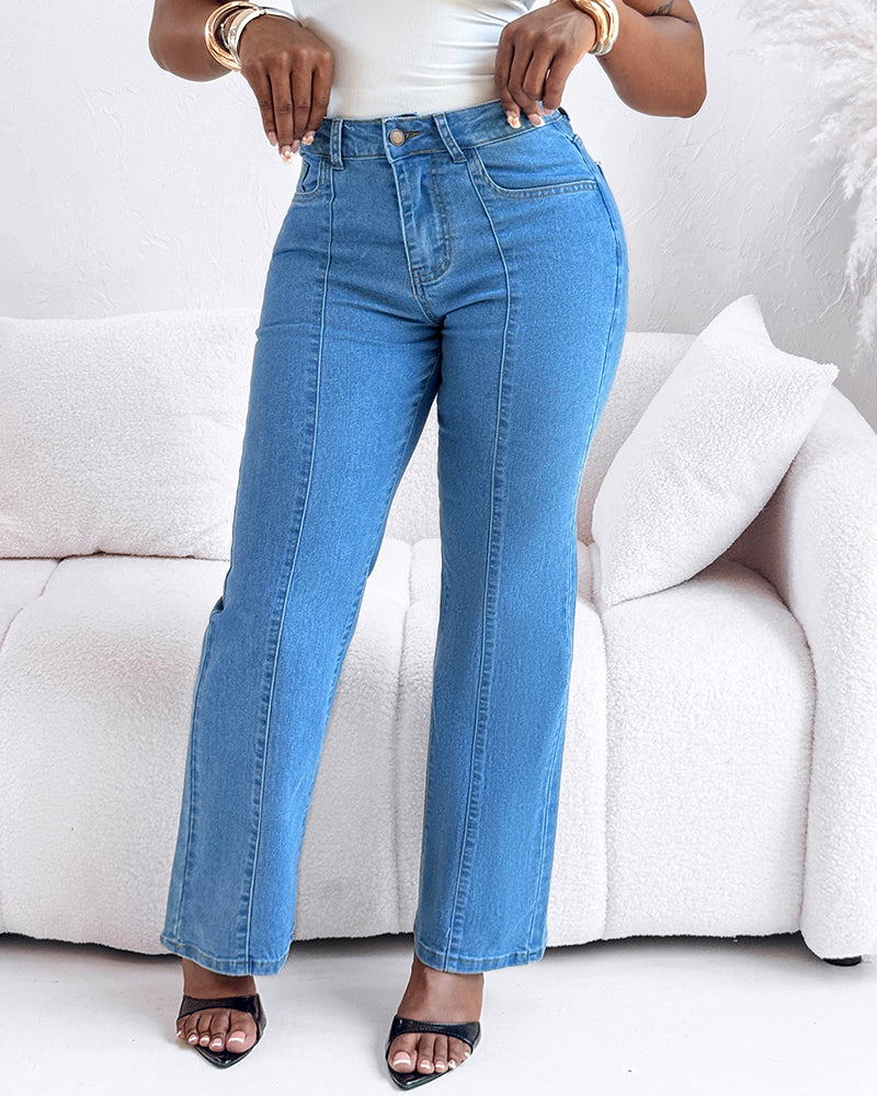 High Waist Straight Leg Seam Front Zip Casual Jeans