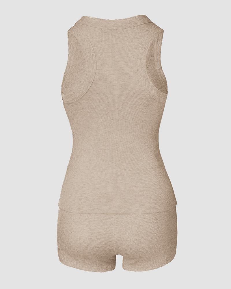 Beige micro-ribbed sleeveless tank paired with matching boxer-style lounge shorts, back view.