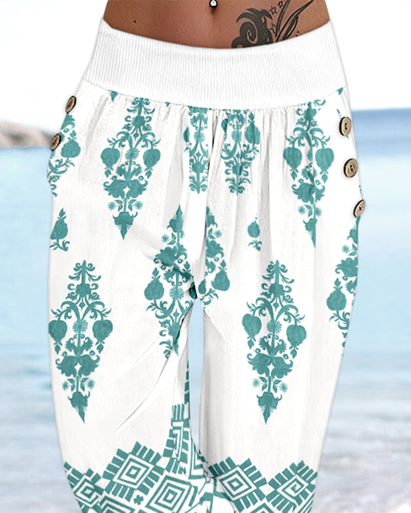Tribal Print Capris with Button Accents and Pockets