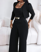 A 2-piece square neck jumpsuit with a crop cardigan, both in matching fabric.