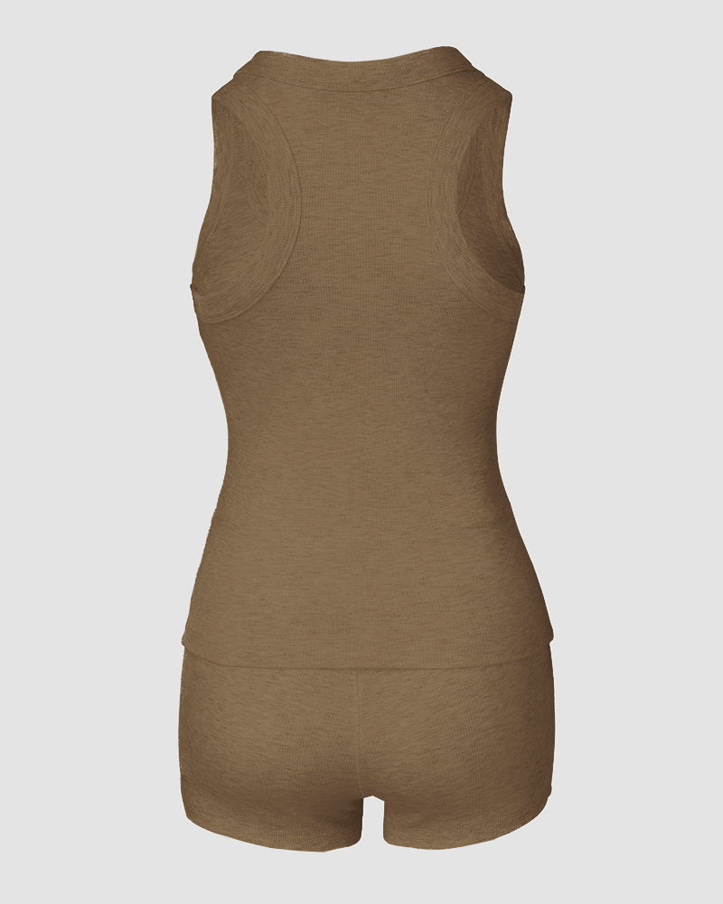 Sleeveless micro-ribbed U-neck tank and matching boxer shorts lounge set, back view.