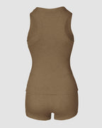 Sleeveless micro-ribbed U-neck tank and matching boxer shorts lounge set, back view.