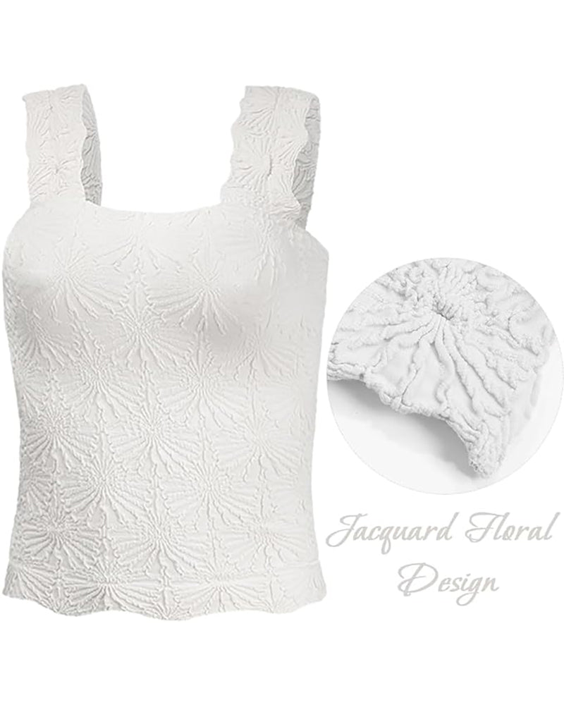 Floral Jacquard Square Neck Crop Top with Thick Straps