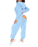 Light blue plush lounge jumpsuit with 3D ear hood and buttoned back flap detail.