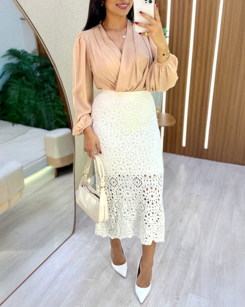 Crochet Elastic Skirt, Mid-Calf Hollow-Out Design, Casual Wear