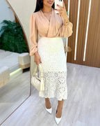 Crochet Elastic Skirt, Mid-Calf Hollow-Out Design, Casual Wear