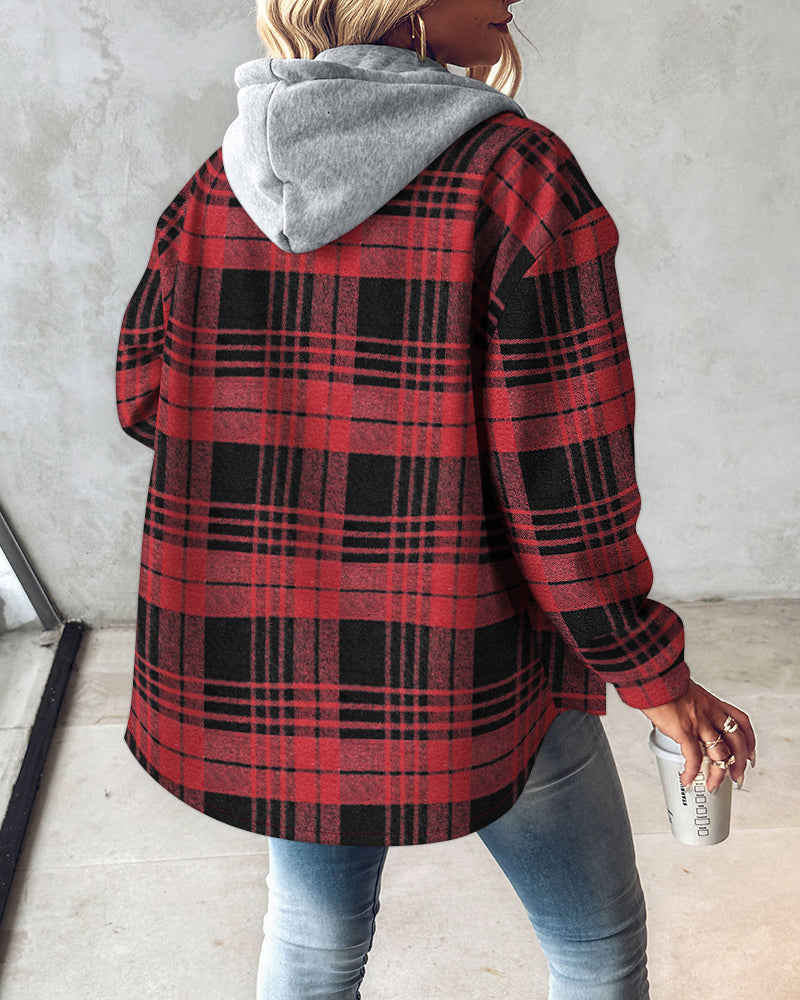 LA FINE FLEUR plaid button-up hoodie with asymmetrical hem and thermal lining, blue jeans.