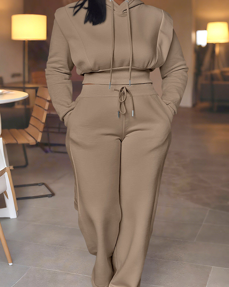 Tan LA FINE FLEUR  2-piece set: long sleeve hoodie with thumbholes and wide-leg pants.