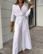 LA FINE FLEUR  2-piece set featuring a ruched crop top and matching wide-leg pants.