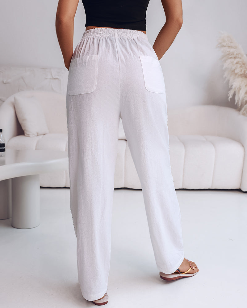 Elastic Drawstring Waist Pants with Side Pockets
