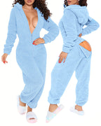 Light blue buttoned jumpsuit with ear flaps, 3D cozy texture, and an open back flap.