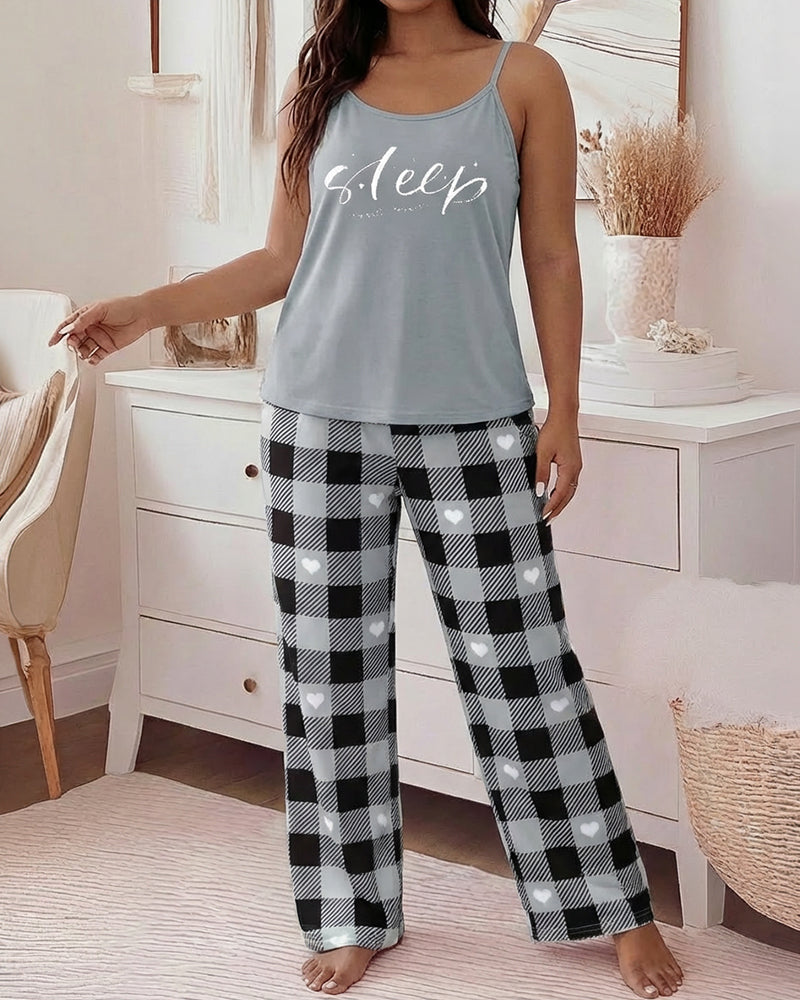 LA FINE FLEUR Eyelash Sleep Cami Top with Plaid Heart Pajamas, cozy and stylish loungewear.