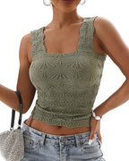 Floral Jacquard Square Neck Crop Top with Thick Straps