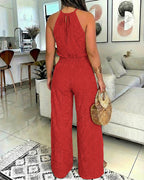 2-piece halter top and slit pants set with guipure lace from LA FINE FLEUR.