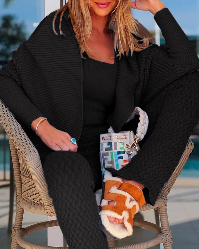 LA FINE FLEUR Casual Open Front Cardigan with Batwing Sleeves styled with black loungewear pants.