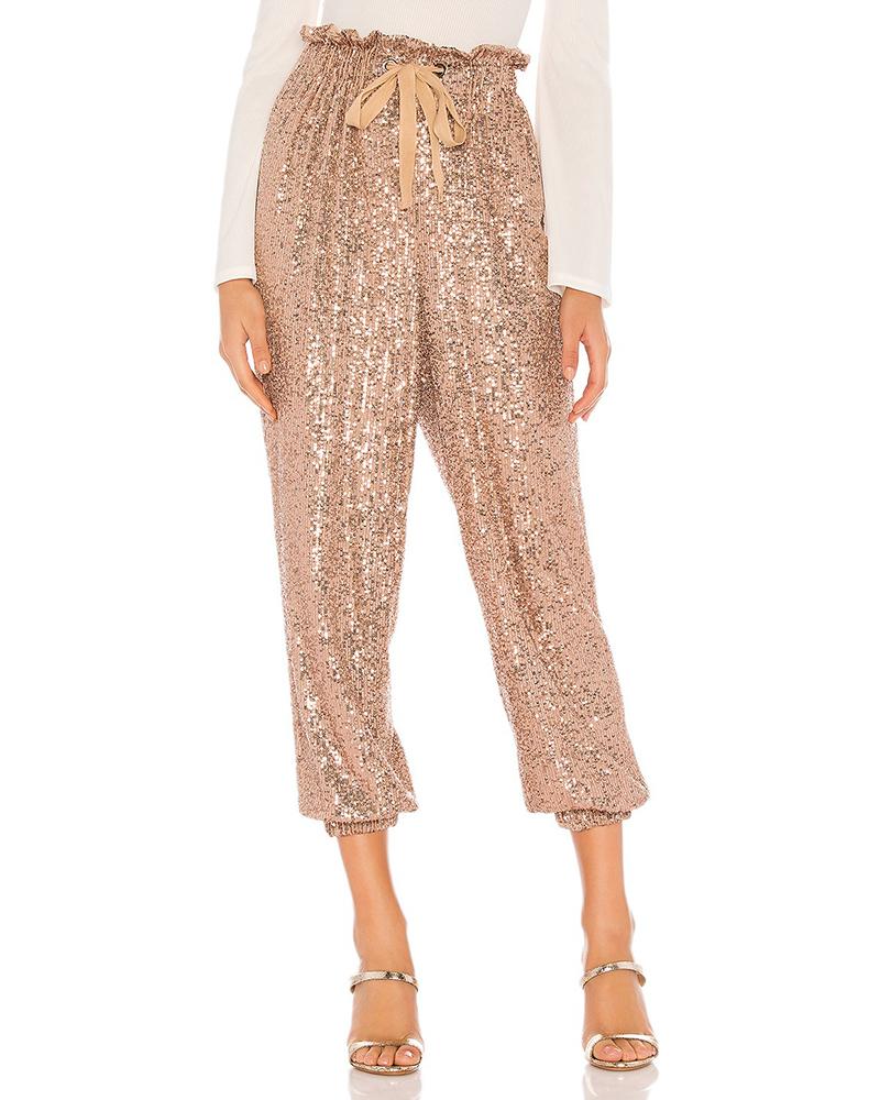 Sequin-Embellished Drawstring Cuffed Pants for Party Wear