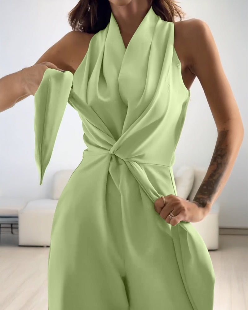 Light green LA FINE FLEUR halter sleeveless ruched zip-back tie-waist wide-leg jumpsuit.