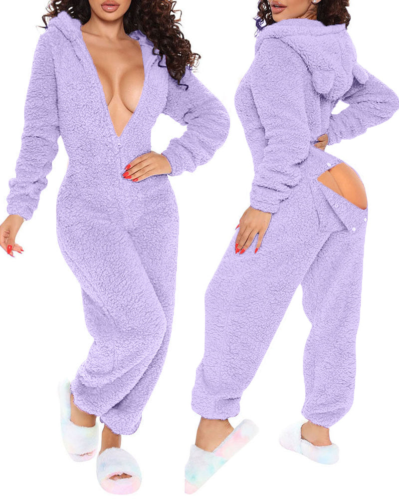 Light purple fuzzy lounge jumpsuit with 3D ear hood, deep V-neckline, buttoned back flap.