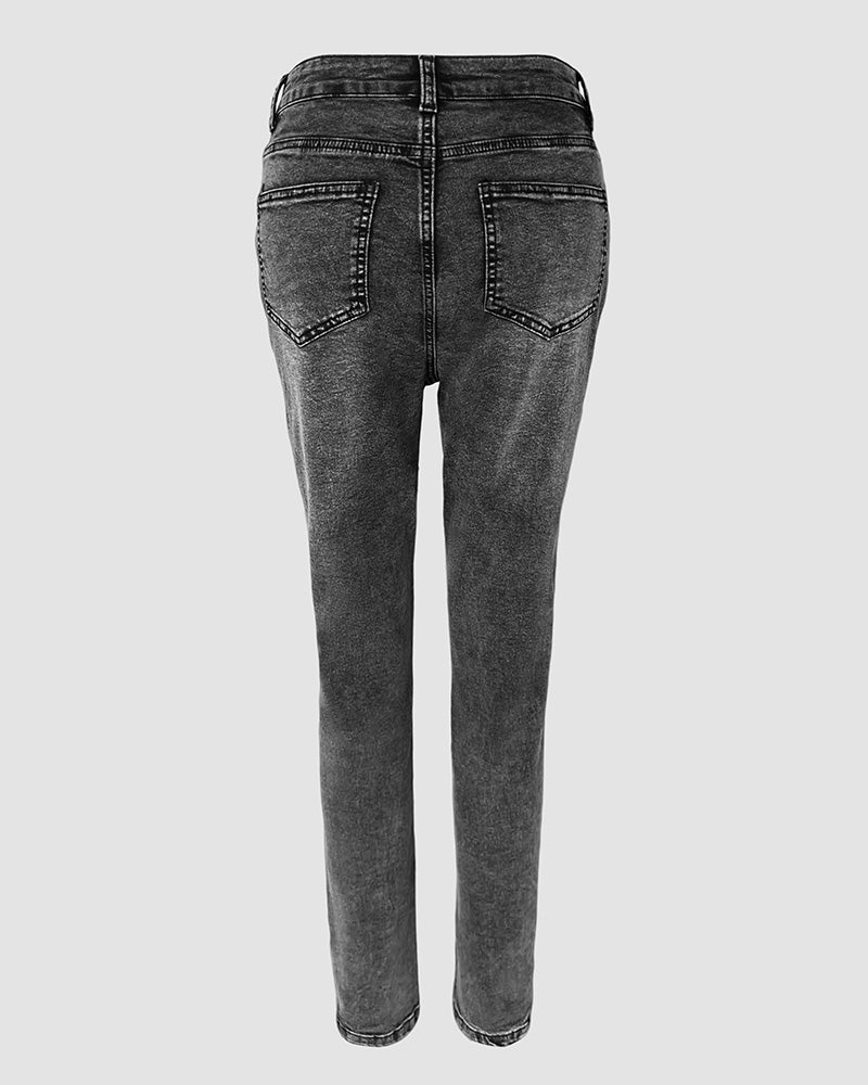 Rhinestone Accented Skinny Jeans with High Waist