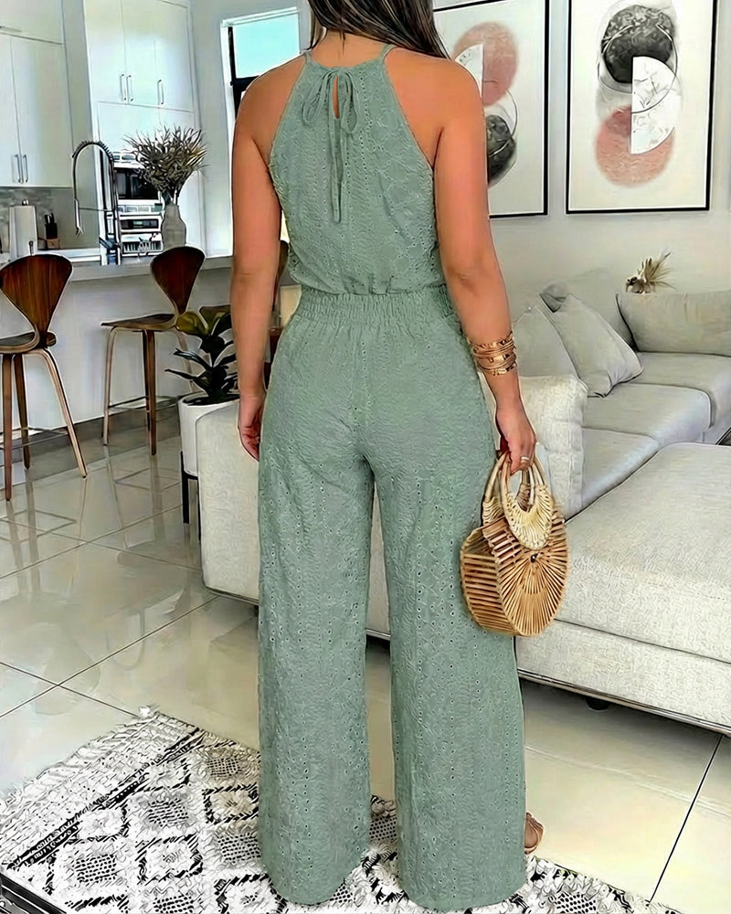 LA FINE FLEUR 2-Piece Halter Top and Slit Pants Set with Guipure Lace detailing.