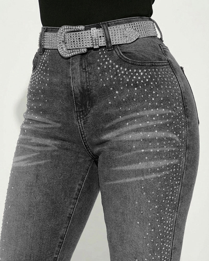 Rhinestone Accented Skinny Jeans with High Waist
