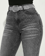 Rhinestone Accented Skinny Jeans with High Waist