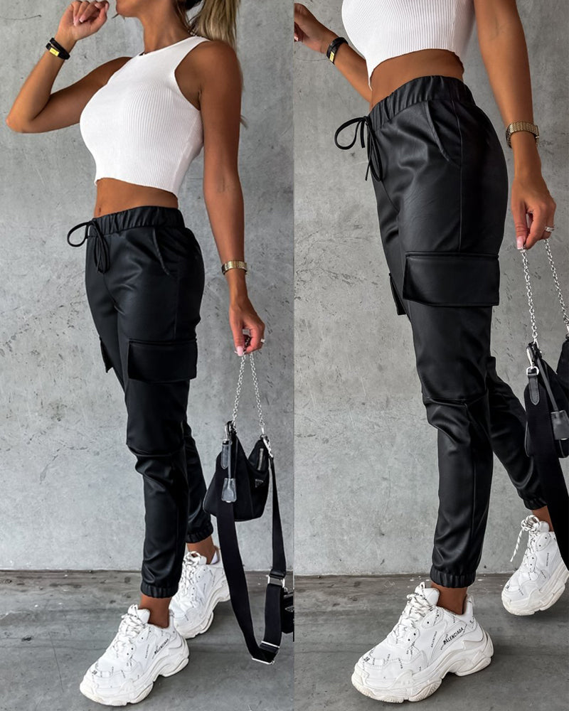Drawstring Elastic Waist PU Leather Pants with Pocket