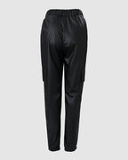 Drawstring Elastic Waist PU Leather Pants with Pocket
