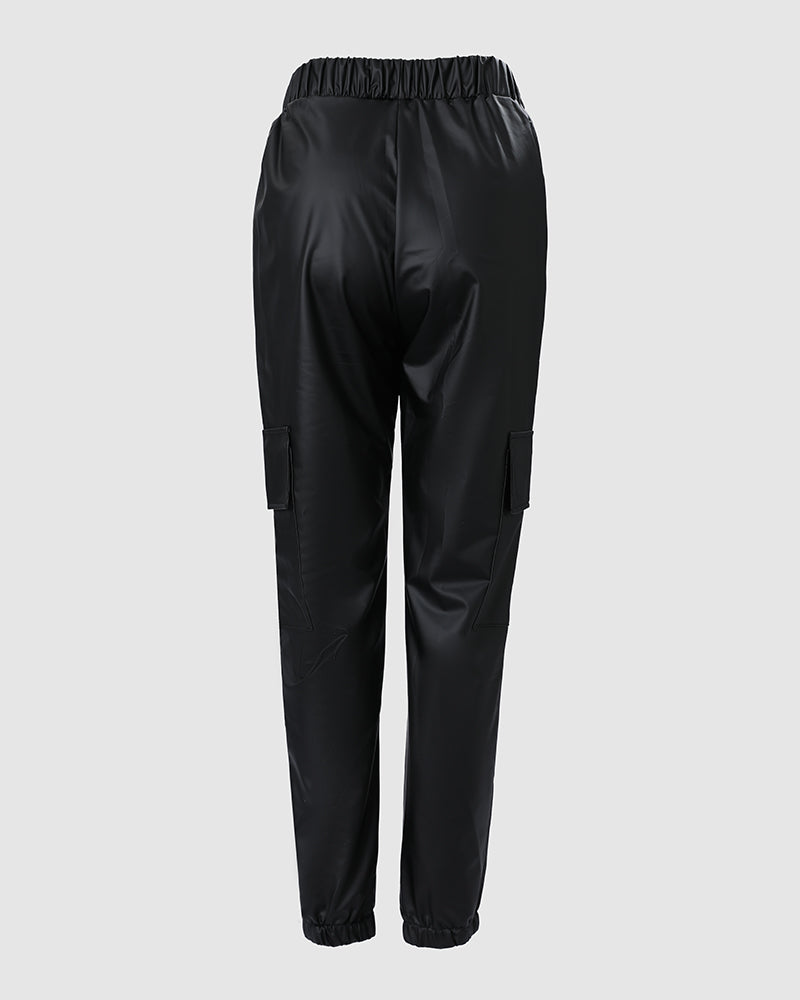 Drawstring Elastic Waist PU Leather Pants with Pocket