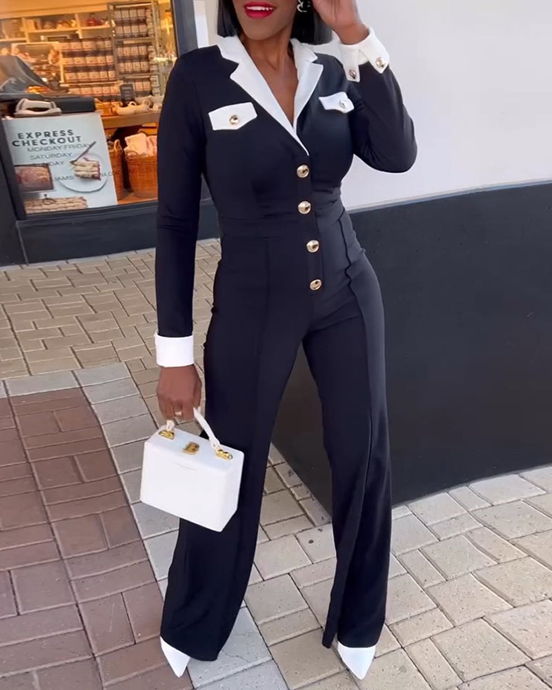 Colorblock Wide Leg Jumpsuit with Metal Button Accents