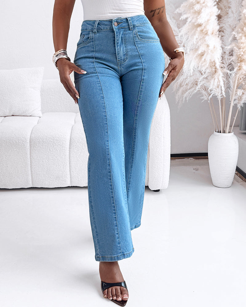 High Waist Straight Leg Seam Front Zip Casual Jeans