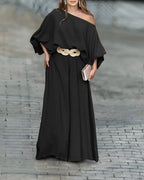Skew neck lantern sleeve blouse paired with wide leg pants from LA FINE FLEUR.