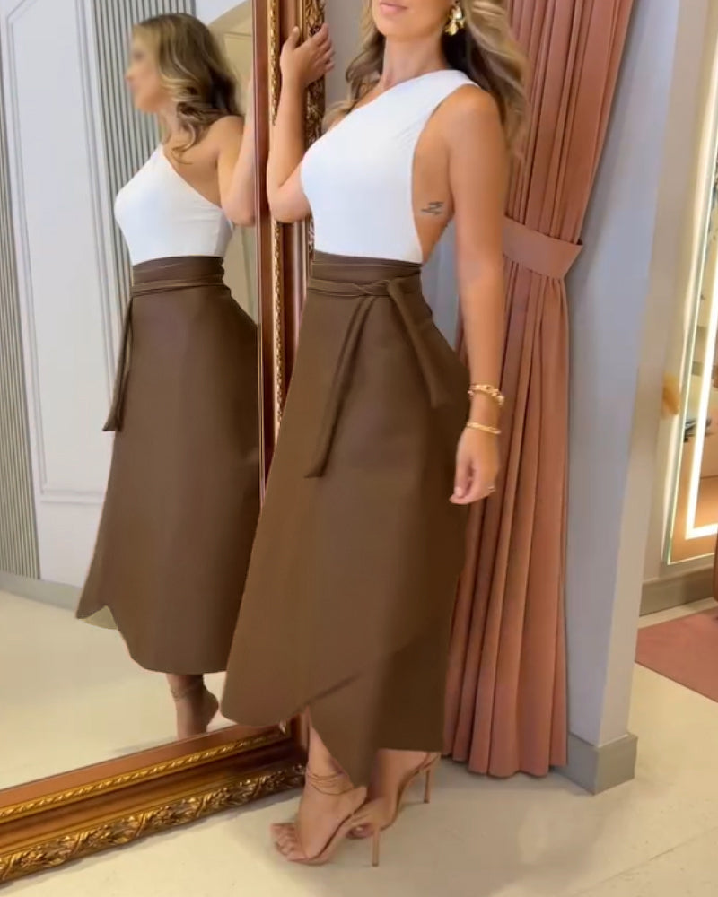 PU Leather Lace-Up Mid-Length Casual Skirt