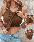 Ribbed Tank Top with Built-In Bra and Round Neck
