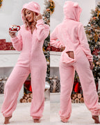 Buttoned ear flap lounge jumpsuit with 3D fluffy texture, buttoned back flap, plush ear hood.