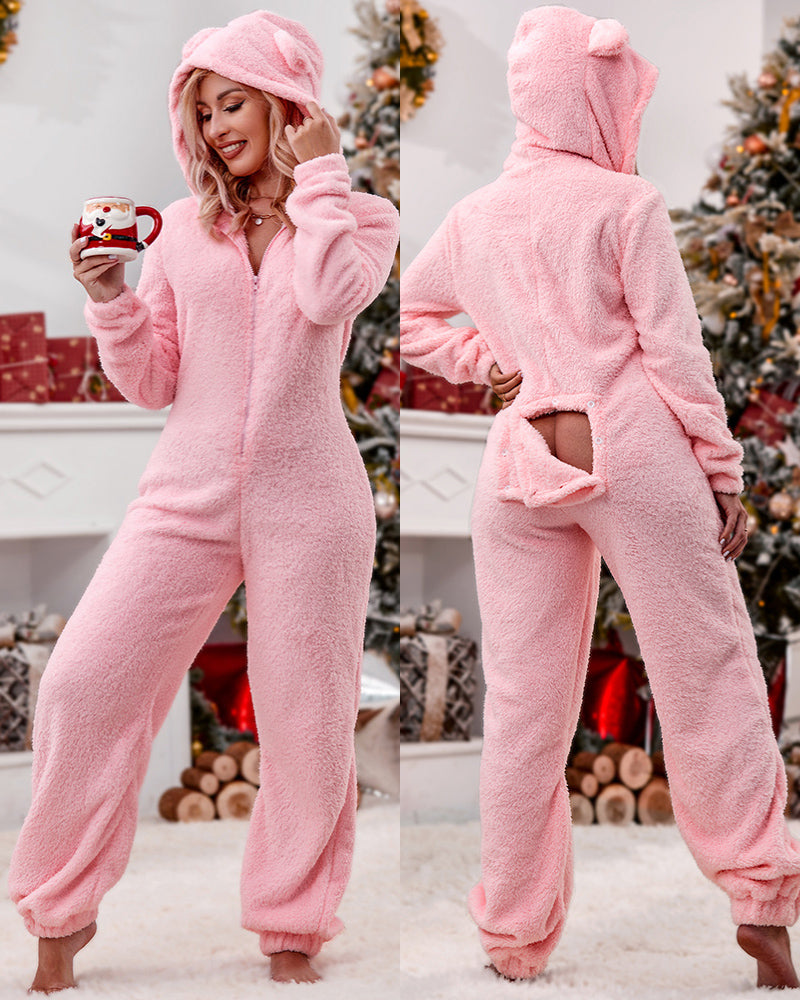 Buttoned ear flap lounge jumpsuit with 3D fluffy texture, buttoned back flap, plush ear hood.