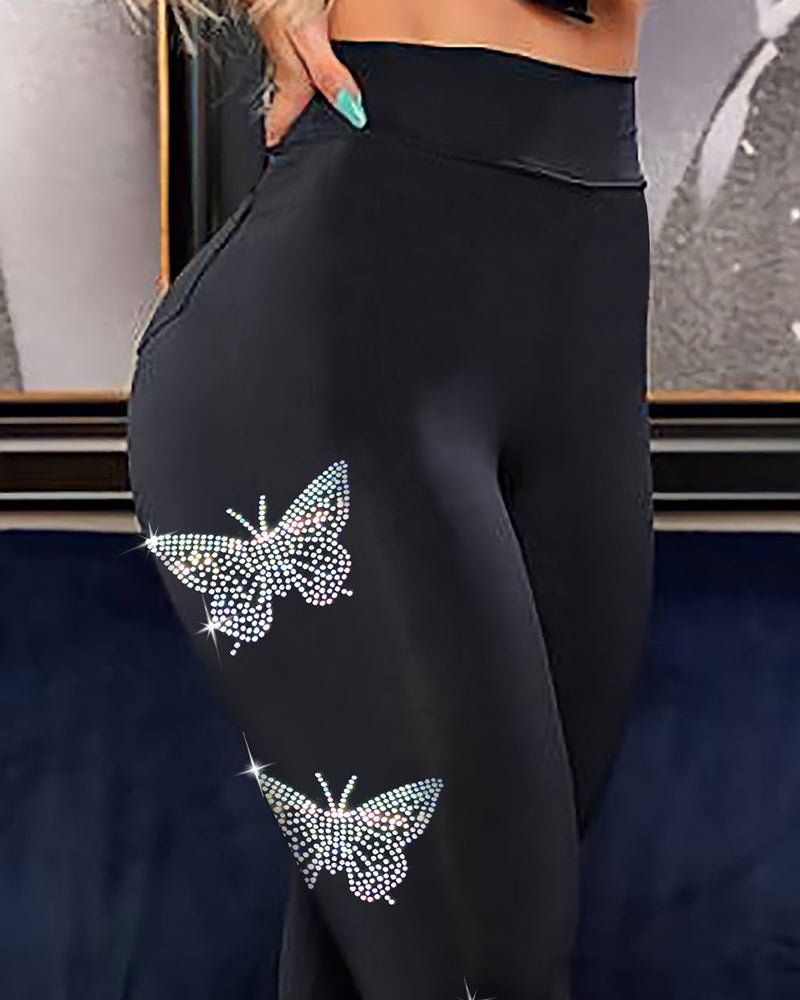Embellished Butterfly Rhinestone Accent Skinny Jeans