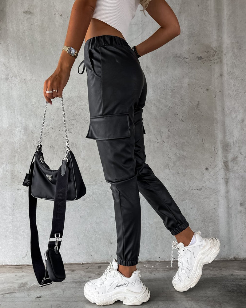 Drawstring Elastic Waist PU Leather Pants with Pocket