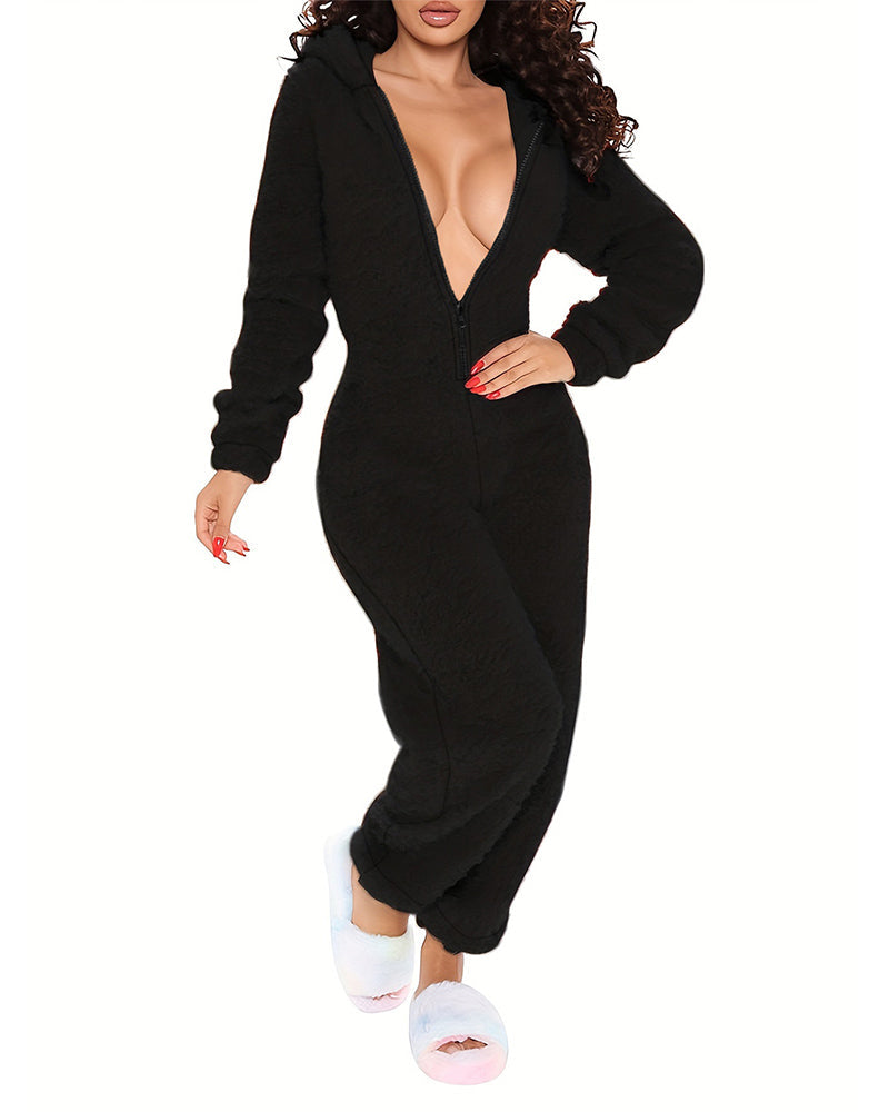 Black LA FINE FLEUR buttoned ear flap lounge jumpsuit with a deep V neckline.