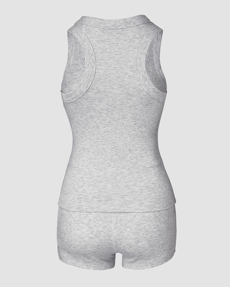 Grey ribbed tank top and matching micro-ribbed boxer lounge shorts in a two-piece set.