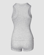 Grey ribbed tank top and matching micro-ribbed boxer lounge shorts in a two-piece set.
