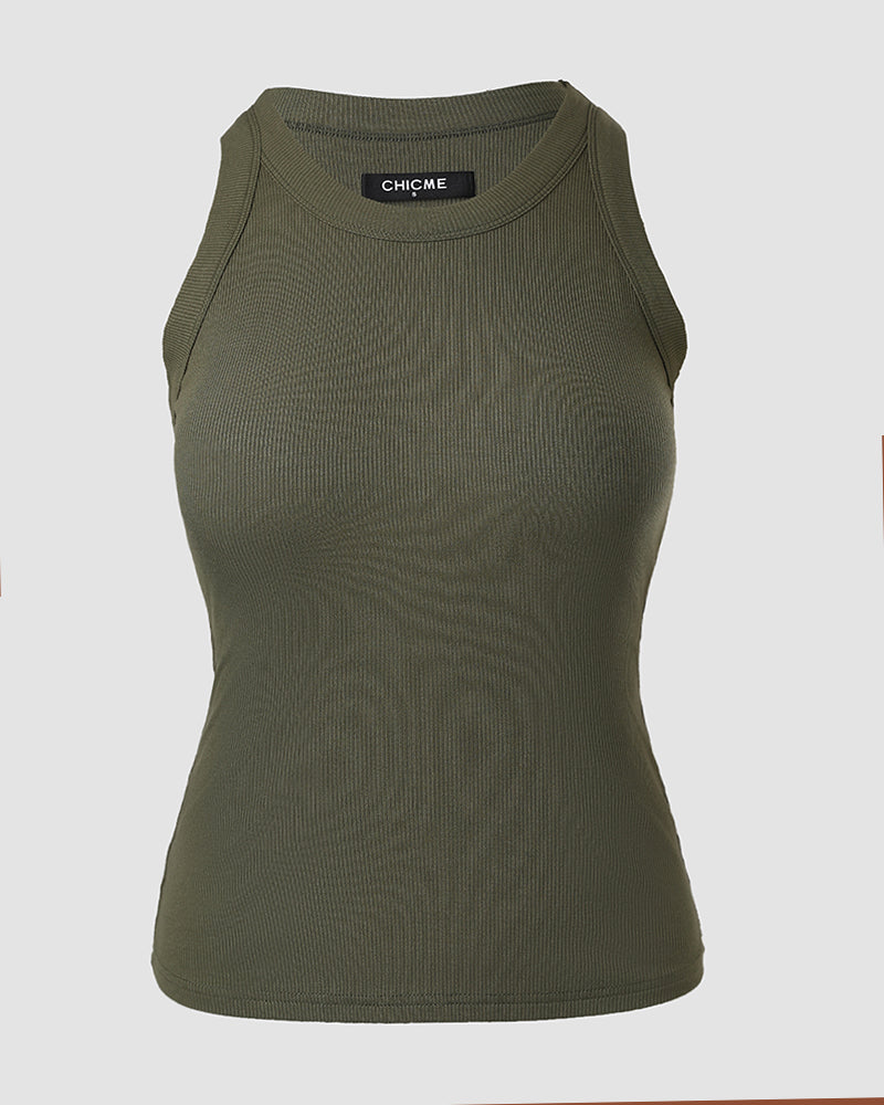 Ribbed Tank Top with Built-In Bra and Round Neck