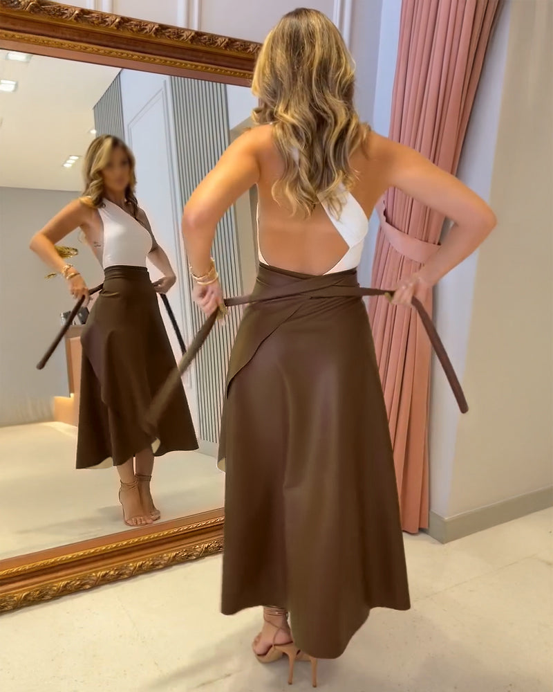 PU Leather Lace-Up Mid-Length Casual Skirt