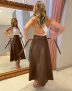 PU Leather Lace-Up Mid-Length Casual Skirt