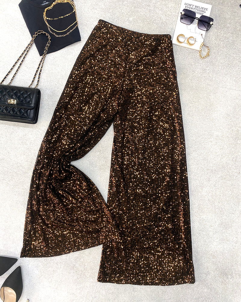 High-Waist Wide-Leg Sequined Evening Pants