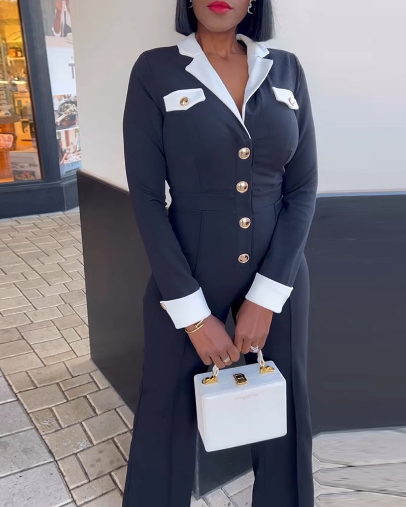 Colorblock Wide Leg Jumpsuit with Metal Button Accents